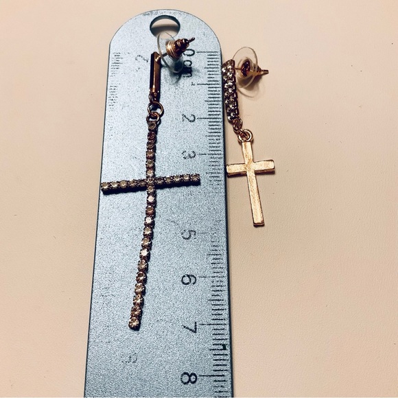 Delicate Divinity Asymmetric Rhinestones crystal Gold Cross Dangling Earrings - Picture 9 of 9